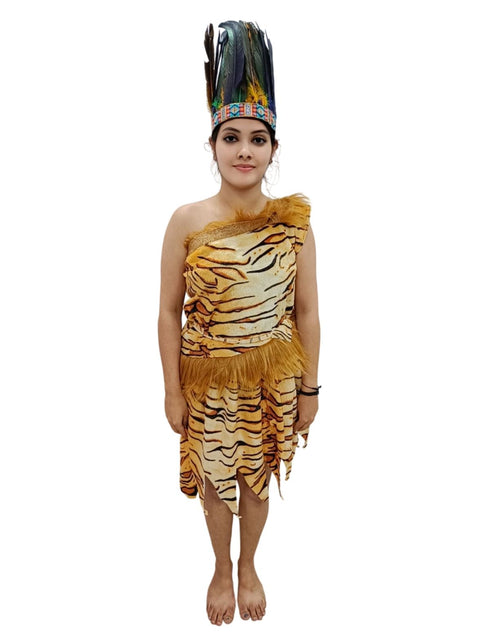 BookMyCostume Unisex Adivasi Tribal Dance Costume – Tiger Print Fur Material | One-Shoulder Outfit with Armlets & Multicolor Feather Headdress